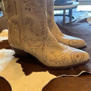 Free People Cream Western Embroidered Leather Ankle Boots - Women's